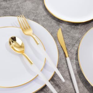 Supernal Gold Disposable Plates Silverware Set Serves 30 Birthday Wedding | Heavy Duty Elegant Tableware for Birthdays Bridal Shower Baby Shower Anniversary Halloween Thanksgiving Christmas