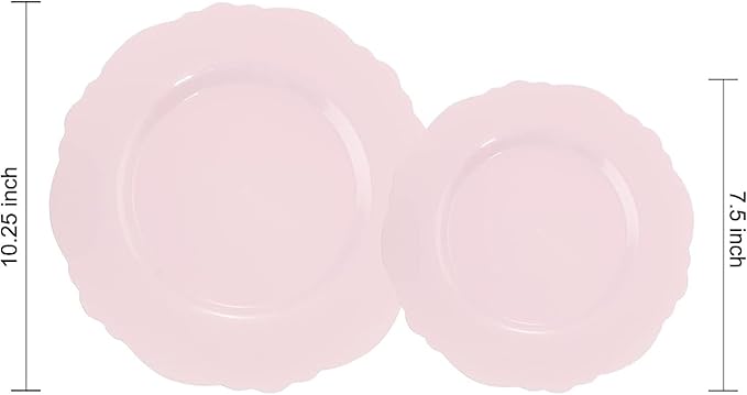 WDF 60pcs Pink Plastic Plates - Baroque Pink Disposable Plates Including 30 Dinner Plates 10.25inch, 30 Dessert Plates 7.5inch for Upscale Wedding/Baby Shower/Spring/Mother's Day