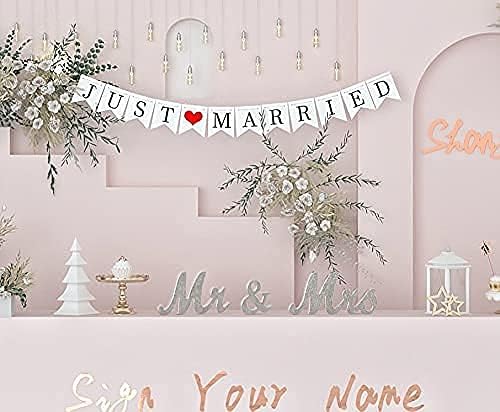 VIOPVERY Mr and Mrs Sign & Just Married Banner,Mr & Mrs Signs for Wedding Table,Large Wooden Letters for Sweetheart Table,Photo Props Wedding decorations for Anniversary,Silver