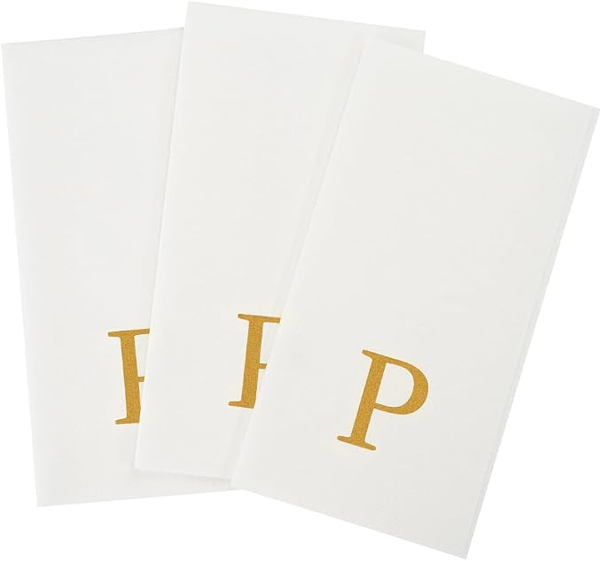 Luxenap 15.8 X 7.9 Inch Linen-Feel Guest Towels, 50 Lettered Hand Towels - Gold Letter 'P', Sans Serif Font, White Paper Dinner Napkins, airlaid, For Restrooms And Tables