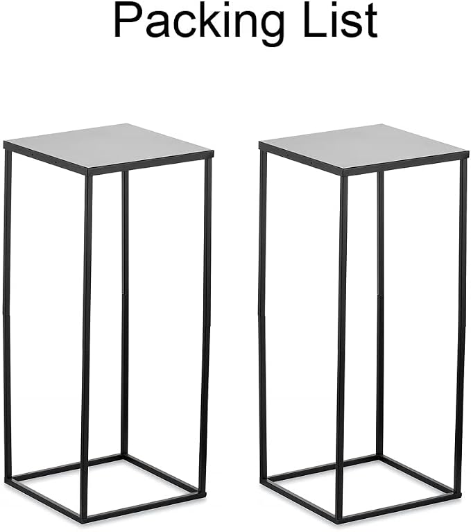 Black Tall Plant Stand: 23.6in, With Metal Panel, Packs of 2 | Columnar Cube Shape, Easy to Assembly, Flowers Cakes Drinks Display Table Centerpieces for Wedding Party Event