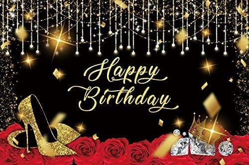 12x10ft Gold and Black Happy Birthday Backdrop Large Glitter Sequin High Heels Diamond Wine Red Rose Photography Background for Women Party Decorations Banner Photo Booth Backdrops