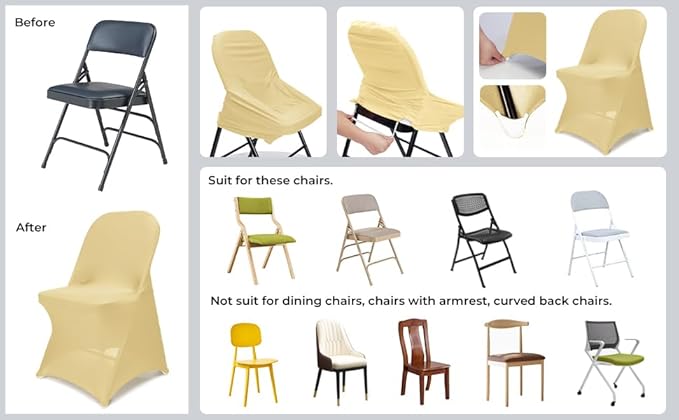 Babenest Spandex Folding Chair Covers Upgraded Universal Stretch Washable Fitted Chair Slipcovers Protector for Wedding, Holidays, Banquet, Party, Celebration (50, Champagne)