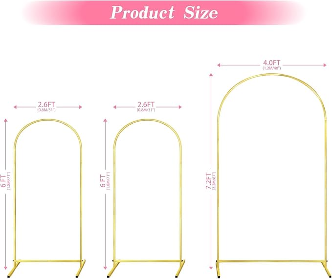 GILPWA Wedding Arch Backdrop Stand 7.2FT, 5.9FT, 5.9FT Set of 3 Gold Metal Arch Balloon Stand for Wedding Ceremony Baby Shower Birthday Party Balloon Arch Decoration