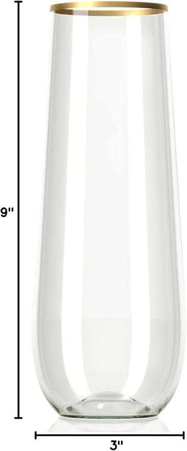30 Plastic Stemless Champagne Flutes - Disposable Unbreakable 9 Oz toasting glasses, With Gold rim | Reusable, Clear, Fancy & Shatterproof Champagne Glasses - Ideal for Weddings, Birthdays, Parties