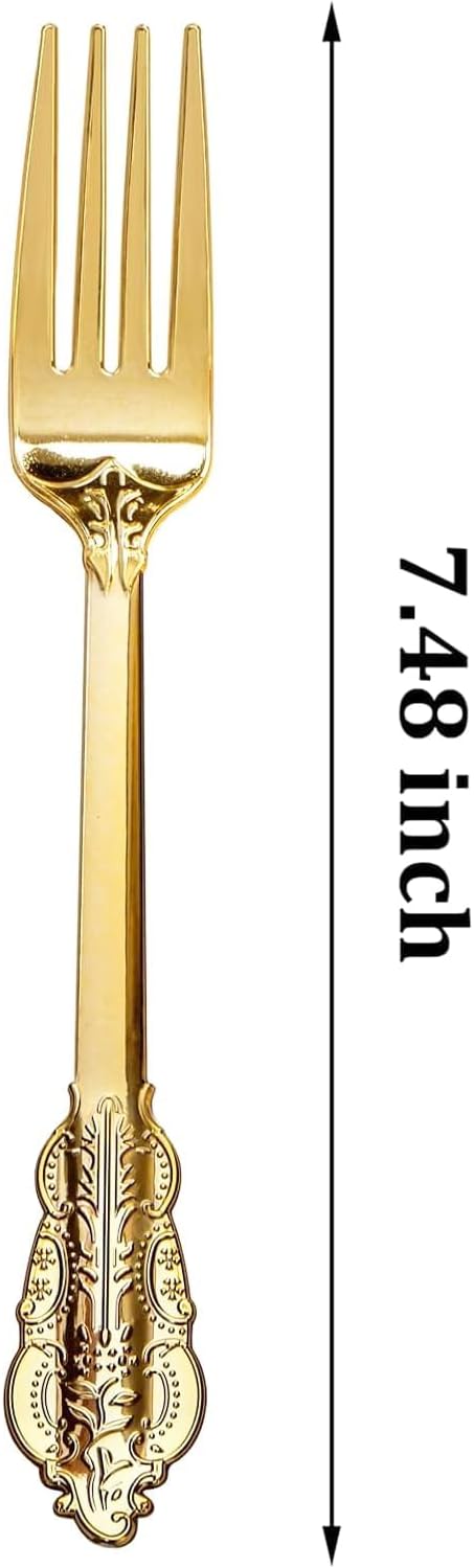 WDF 100 Piece Gold Forks Disposable - 7.48 Inch Gold Plastic Forks - Baroque Plastic Silverware for Dessert Cake - Heavy Duty for Party Wedding Daily Using Baby Shower Spring