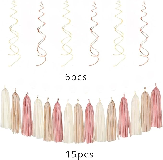 Boho Happy Birthday Party-Decorations Champagne-Gold Beige 34pcs Hanging Swirls,Tissue Paper Pompoms,Circle Dots Garland,Tassel Garland (Champagne Gold Birthday Set)