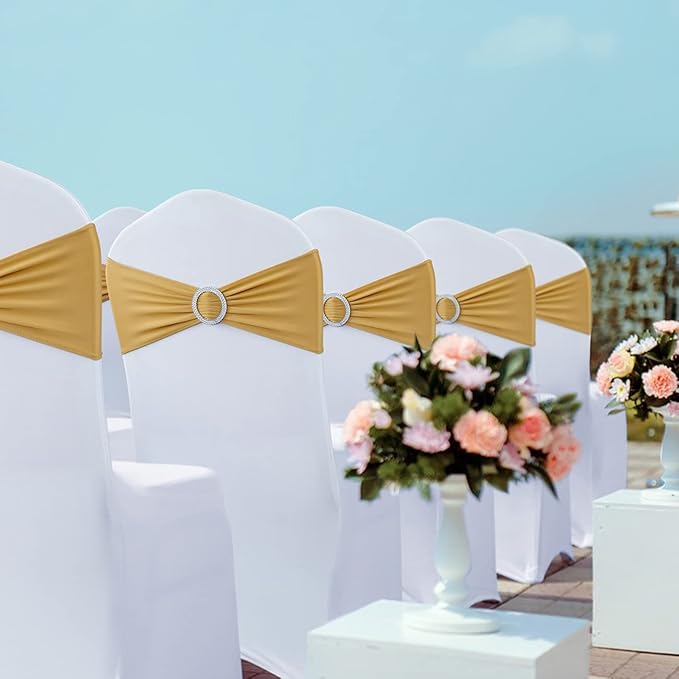 Babenest Spandex Chair Sashes Bows 50PCS Premium Stretch Chair Cover Band with Buckle Slider Universal Elastic Chair Ties for Wedding Party Easter Ceremony Reception Banquet Decoration (Gold)