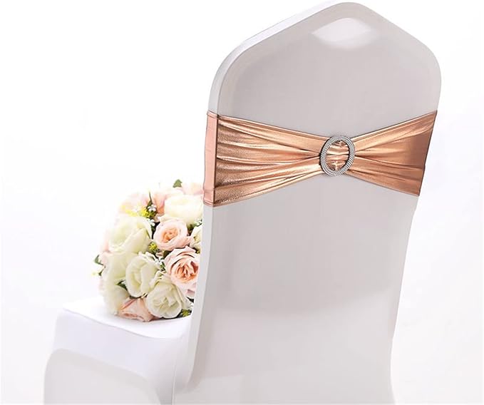 Dimatic Spandex Chair Sashes Bands 50PCS Stretch Chair Cover Ties Bows with Buckle Slider Wedding Party Reception Banquet Decoration (Metallic - Rose Gold)