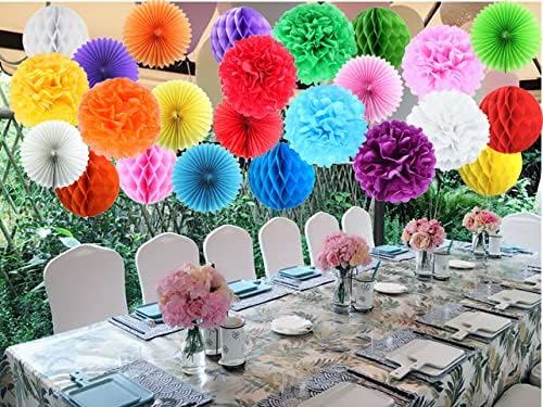 24 Pack Colorful Papers Set Party Decorations, Honeycomb Balls, Paper pom poms, Paper Fans for Birthday Parties, Wedding Decorations, Home Decor, Fiesta or Mexican Party