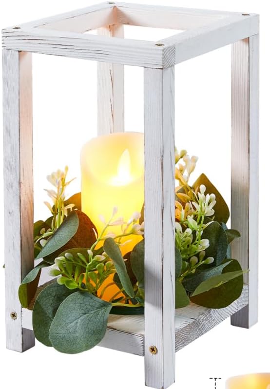 18 Pcs /6 Set Wooden Wedding Lantern Centerpiece-Wooden Candle Lantern Bulk Includes 6 Farmhouse Wooden Candle Holder 6 Flameless LED Candles 6 Eucalyptus Leaves Wreath for Decoration