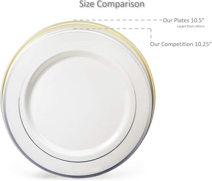 " OCCASIONS " 150pcs set (25 Guests)-Wedding Plastic Plates & cutlery -Disposable heavyweight Dinnerware 10.5'', 7.5'' + Silverware w/double fork (Plain Ivory)