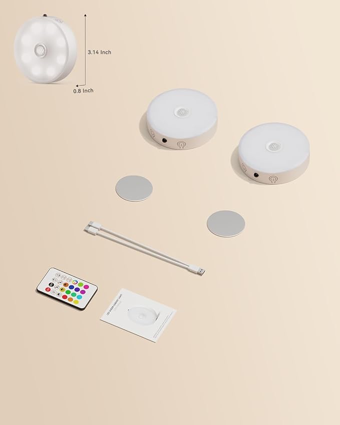 LENOMA Puck Lights with Remote, Rechargeable Under Cabinet Lighting, 3 Color Temps, 12 RGB Color LED Motion Sensor Lights Wireless, Dimmable Tap Lights for Closet, Kitchen, Shelf, Stair, 2 Pack