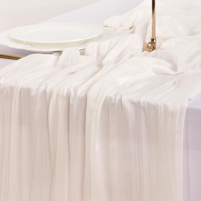 Socomi 15pcs Ivory White Cheesecloth Table Runner Valentine's Day Boho Rustic Gauze 120 inch 10FT Cheese Cloth Runner for Wedding Party Baby Shower Birthday Home Decor Holiday Decorations