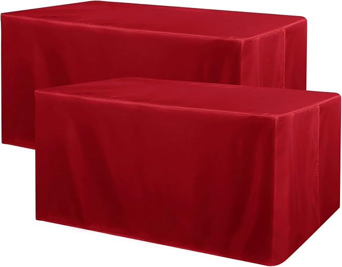 Obstal 2 Pack 8FT RedTable Cloths for Standard Folding Tables - Water Resistant Washable Fabric Polyester Rectangle Table Cover Protector for Wedding, Banquet and Trade Shows, 96L x 30W Inches