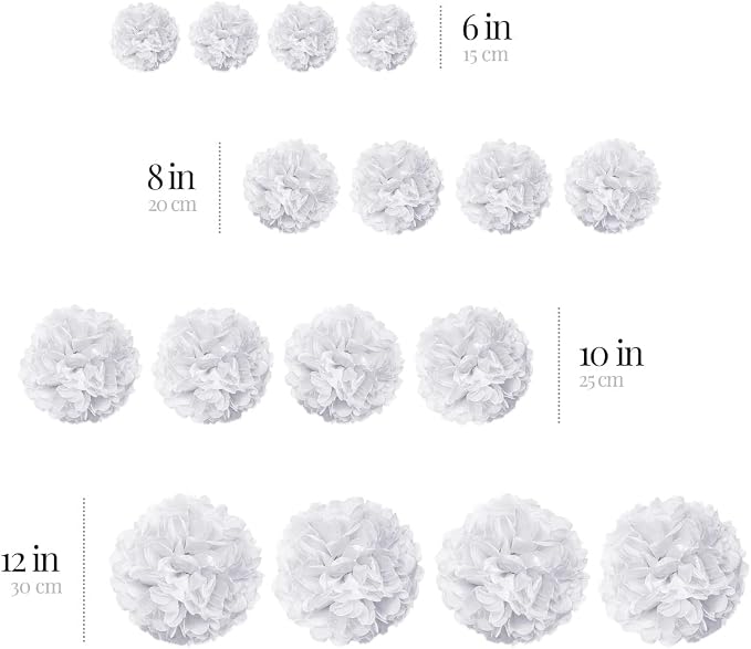 White Tissue Paper Pom Poms - White Party Decorations for Birthdays, Weddings, Bridal and Baby Showers, Engagements and Special Occasions by Avoseta (16 Piece Set, Assorted Sizes)