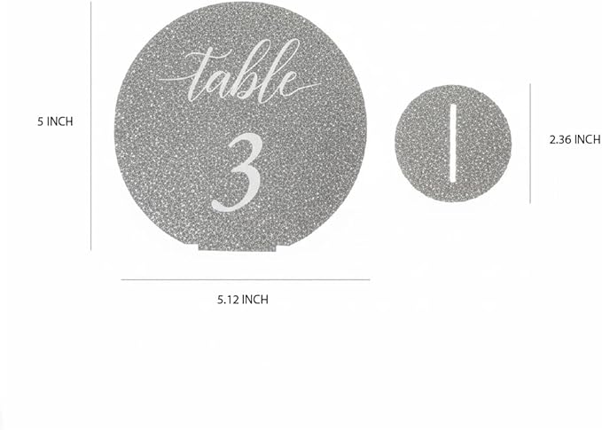 Wedding Table Numbers 1-20, table numbers signs, with Self Standing Base 5.1 x 5 inches, Silver Glitter Table Numbers Sparkle with light, ideal for Wedding Receptions, Parties and Special Events
