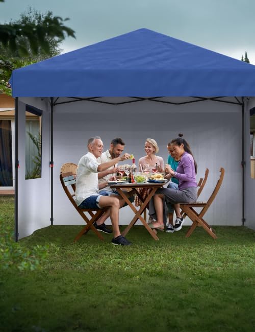 GarveeLife 10 ft x10 ft Pop Up Canopy Tent with 4Pcs Sidewalls, Portable Instant Commercial Canopy with 4 Stakes, 4 Ropes, 4 Sandbags for Farmers' Market, Patio, Outdoor, Camping, Blue