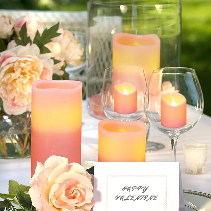 FURORA LIGHTING Pink Flameless Candles, 8-Pack Set with Remote & Timer | Includes 4 pillars and 4 votives. Creates a soft, romantic pastel pink glow perfect for weddings and bedroom aesthetics.