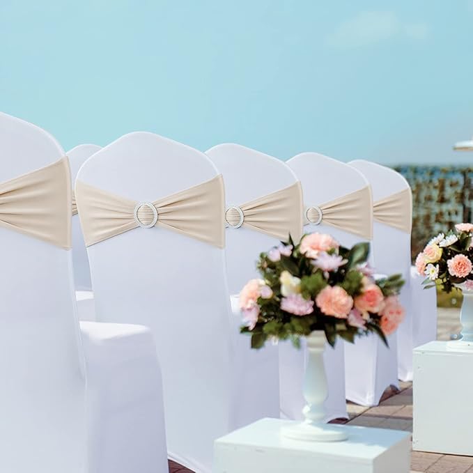 Spandex Chair Sashes Bows - Babenest 50PCS Premium Stretch Chair Cover Band with Buckle Slider Universal Elastic Chair Ties for Easter Wedding Party Ceremony Reception Banquet Decoration (Champagne)
