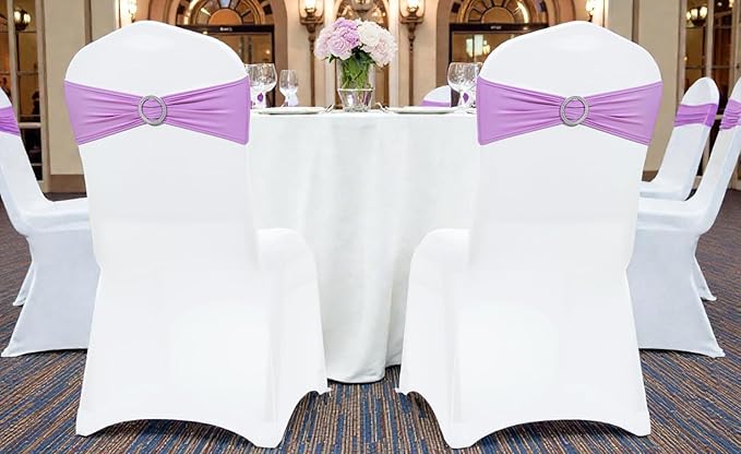 VDS - Light Purple | Spandex Chair Sashes Bows | 25 PCS | Stretch Elastic Banquet Universal Folding Chair Band Tie with Silver Buckle Slider for Wedding Party Conference Celebration Event Decoration