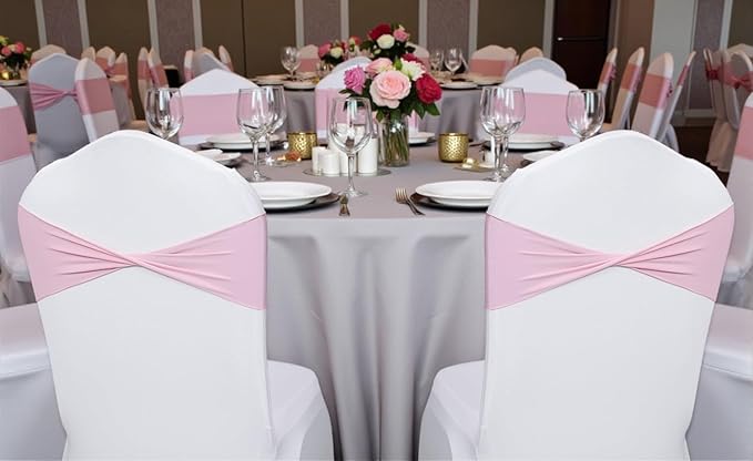 MDS Pack of 50 Spandex Chair Sashes Bows Elastic Stretch Dining Chair Bands Ties Without Slider Buckle Universal fits for Wedding Baby Shower Birthday Party Banquet Event Decoration - Blush Pink