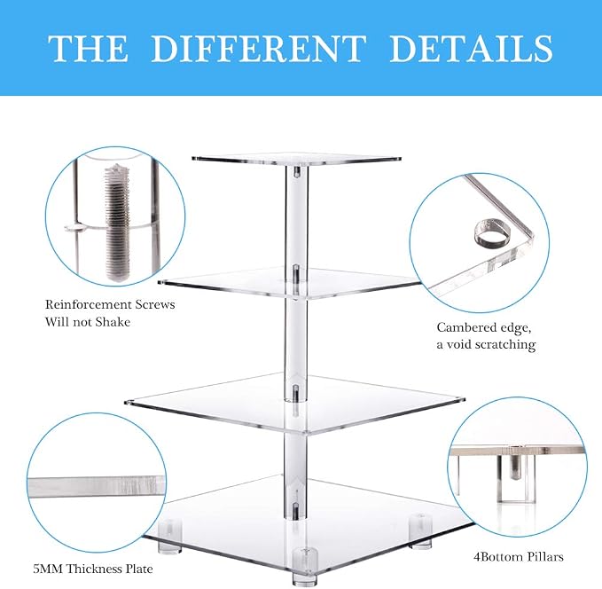 YestBuy 4 Tier Acrylic Cupcake Stand Afternoon Tea Cake Stand Large Cupcake Stand Cupcake Tower Cupcake Holder for Pastry + LED Light String Ideal for Weddings Birthday Bar Party Décor (Blue Light)