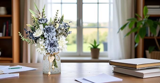 Artificial Flowers with Vase, Faux Dahlia Flower Arrangement in Glass Vase, Blue and White Silk Flowers with Eucalyptus for Home Office Kitchen Dining Table Centerpiece Decor