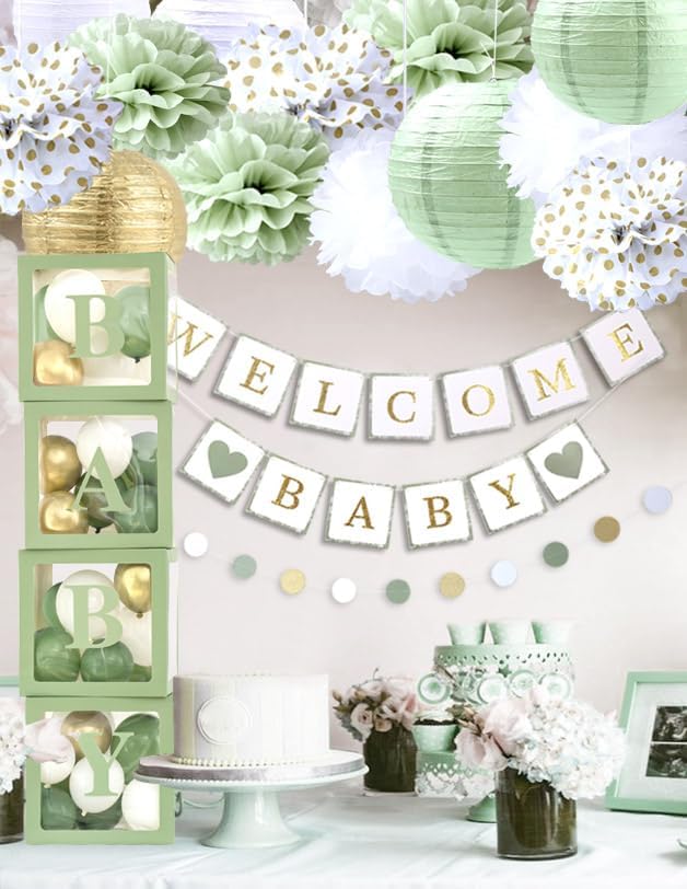 luckylibra Sage Green Baby Shower Decorations, B - A - B - Y Transparent Balloon Boxes & 35Pcs Balloons