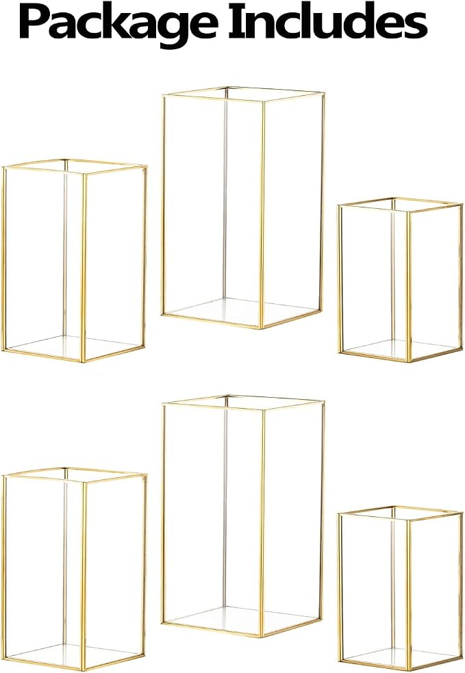 Hewory Glass Hurricane Candle Holder Set of 6, Gold Large Hurricane Centerpiece for Table, Tall Floor Square Pillar Candle Holders Lantern Set for Wedding, Anniversary, Party, Fireplace, Dining Room