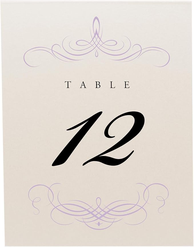 Decadent Flourish Wedding Table Numbers (Select Color/Quantity), Champagne, Lavender, 1-60, Double Sided, Tent or Use in a Stand, Great for Parties & Restaurants