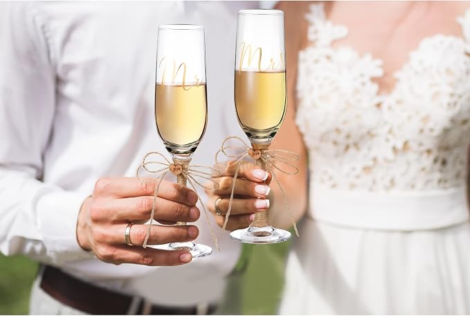 Boao 4 Piece Wedding Toasting Flutes and Cake Server Set Champagne Glasses and Cake Knife Server Set with Burlap Bow Mr and Mrs Flute Wedding Reception Supplies