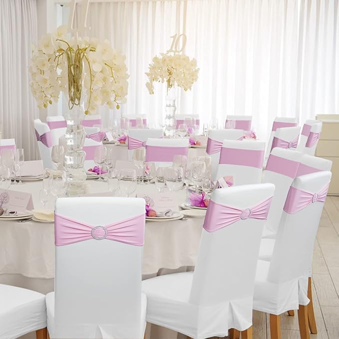 Spandex Chair Sashes Bows - Babenest 100PCS Premium Stretch Chair Cover Band with Buckle Slider Universal Elastic Chair Ties for Wedding Party Ceremony Reception Banquet Decoration (Pink)
