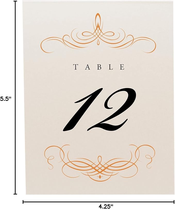 Decadent Flourish Wedding Table Numbers (Select Color/Quantity), Champagne, Orange, 1-200, Double Sided, Tent or Use in a Stand, Great for Parties & Restaurants - Made in the USA