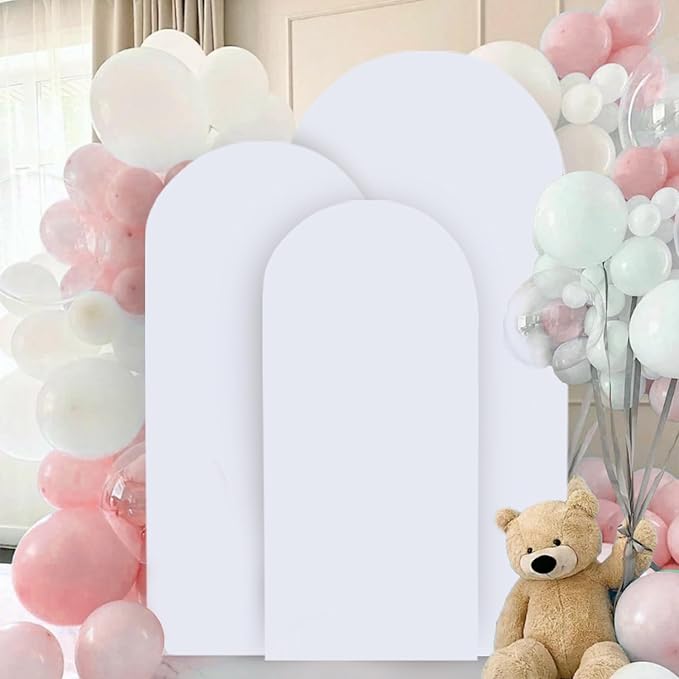 FANPROMS White Arch Backdrop Cover Set of 3 Wedding Arch Cover 5ft 6ft 7ft Spandex Arched Backdrop Covers for Baby Shower Chiara Round Top Arched Backdrops Stand Covers for Birthday Party Decoration