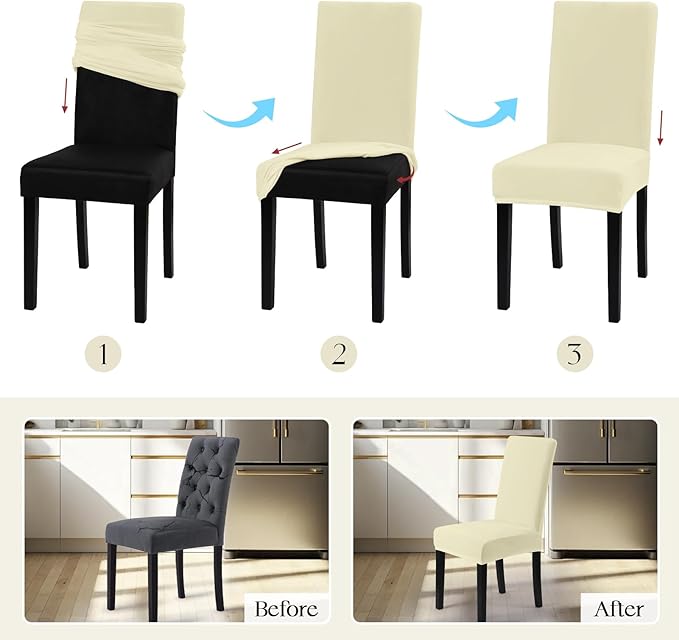 MOSAYT Velvet Stretch Chair Covers for Dining Room Set of 6 - Soft Slipcovers with Thick Removable Fabric for Parsons Chairs, Washable Seat Protectors for Kitchen, Banquet & Home Decor, Beige