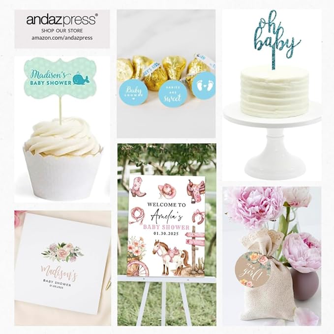 Andaz Press Personalized Mini Champagne Wine Bottle Labels, Olivia's Baby Shower, Date, Greenery Green Leaves, 20-Pack, Custom Mini Champagne Favor Gift Labels Stickers for Baby Shower