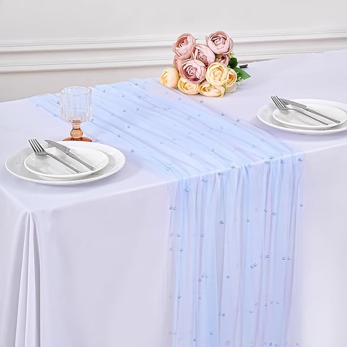 Pearl Tulle Table Runner 10ft Set of 6 Chiffon Sheer Lace Boho Glitter Table Fabric Wedding Veil Dessert Centerpieces Overlay Aisle Runner Luxury Party Decorations Doilies Baby Blue