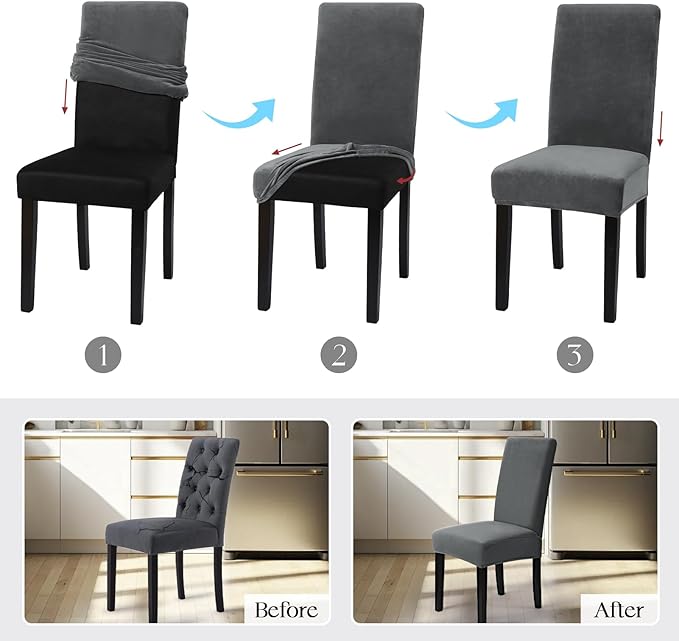 MOSAYT Velvet Stretch Chair Covers for Dining Room Set of 6 - Soft Slipcovers with Thick Removable Fabric for Parsons Chairs, Washable Seat Protectors for Kitchen, Banquet & Home Decor, Grey