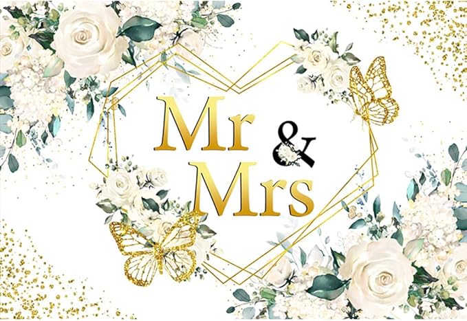 12x8ft Mr&Mrs Bridal Shower Backdrop White Floral Gold Glitter Dots Hearts Geometric Butterfly Photography Background for Couples Wedding Party Decoration Bride to Be Engagement Banner Props