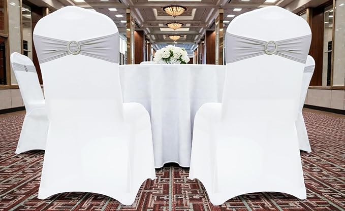 VDS - Light Silver | Spandex Chair Sashes Bows | 50 PCS | Stretch Elastic Banquet Universal Folding Chair Band Tie with Silver Buckle Slider for Wedding Party Conference Celebration Event Decoration