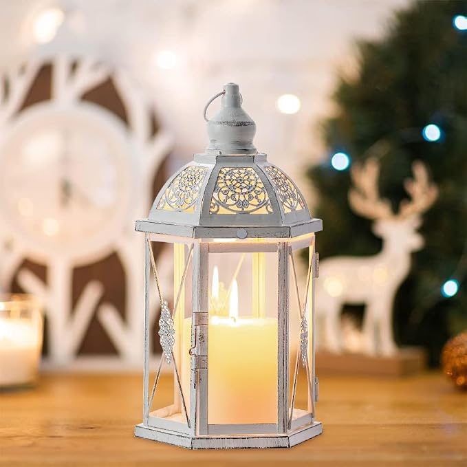 Lantern Decorative Indoor & Outdoor, 14.5'' Candle Lantern Farmhouse Home Decor, Hexagon Vintage Hanging Metal Candle Holder for Front Porch Shelf Patio Wedding Party, Christmas Decorations