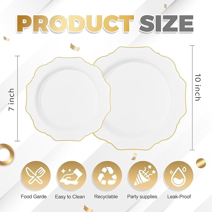 WDF 200PCS White and Gold Plastic Plates - Gold Plastic Plates - Include 100 Dinner & 100 Dessert Disposable Party Plate - Fancy Disposable Plate for Wedding/Baby Shower/Spring/Mother's Day