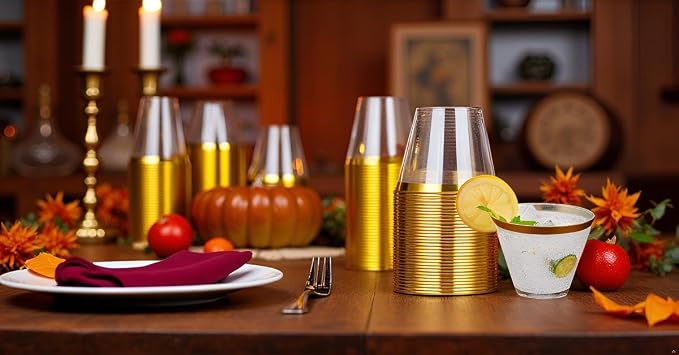 JOLLY CHEF 100 Pack Gold Plastic Cups, 9 oz Clear Plastic Tumblers, Elegant Gold Rimmed Cups, Disposable Glasses for Wedding, Thanksgiving Day, Christmas Party
