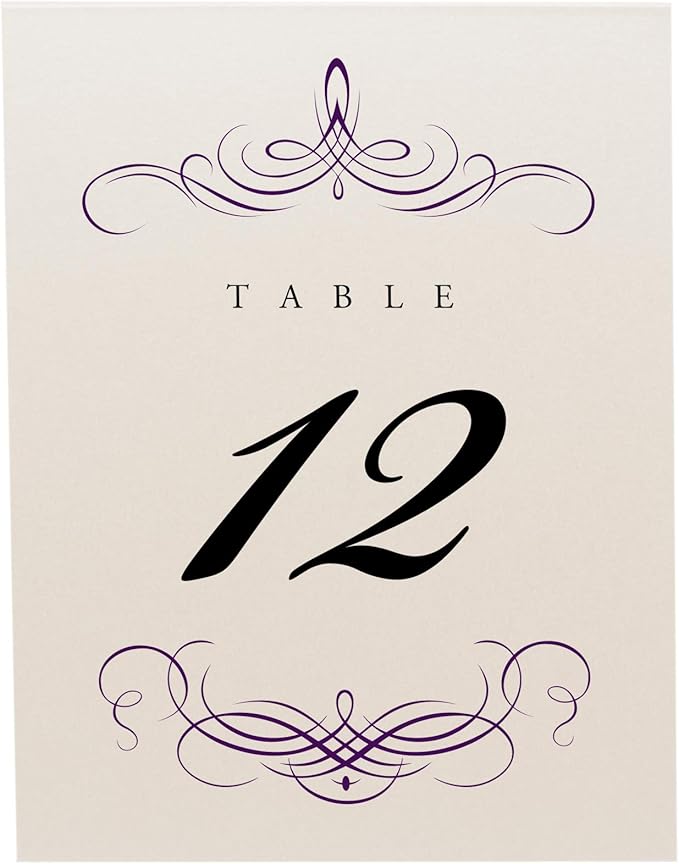 Decadent Flourish Wedding Table Numbers (Select Color/Quantity), Champagne, Eggplant, 1-20, Double Sided, Tent or Use in a Stand, Great for Parties & Restaurants
