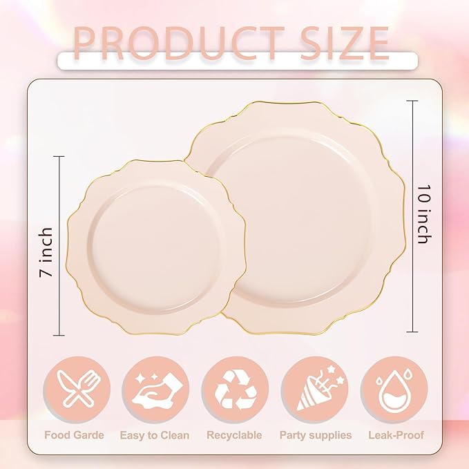 WDF 200PCS Pink Plastic Plates - Pink and Gold Plastic Plates - Include 100 Dinner Plate and 100 Cake Plate for Spring/Wedding/Bridal Shower/Tea party/Mother's Day