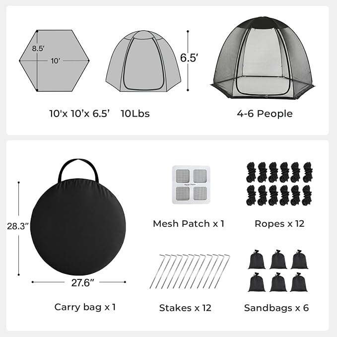 Alvantor® Pop Up Screen House Tent 10x10 FT, Snap-fit Black Mesh Screen Gazebo with Peaked Roof, Portable Screen Room Canopy Shelter with Sandbags for Camping, Backyard, Picnic