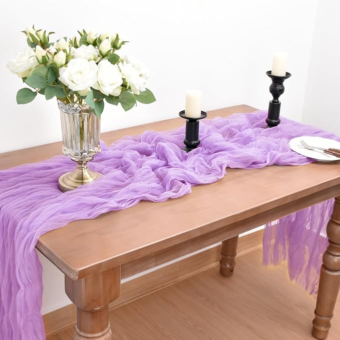 Joanlody Lilac Cheesecloth Table Runner 10Ft Rustic Gauze Boho Spring Summer Cheese Cloth Table Runner for Wedding Bridal Baby Shower Decoration