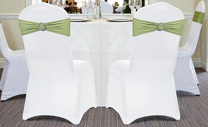 VDS - Sage Green | Spandex Chair Sashes Bows | 100 PCS | Stretch Elastic Banquet Universal Folding Chair Band Tie with Silver Buckle Slider for Wedding Party Conference Celebration Event Decoration