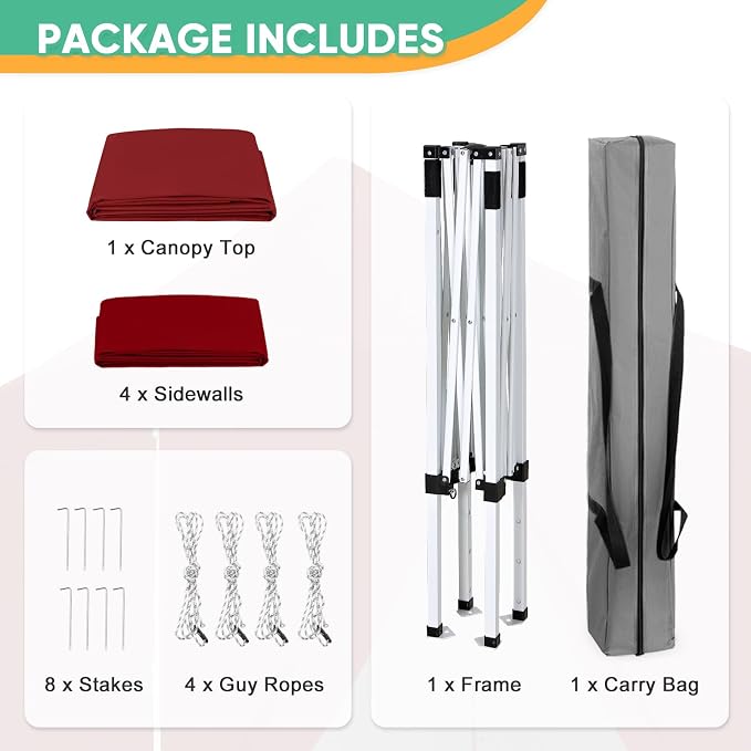 5x5 Pop Up Canopy Tent with Four Sidewalls, Instant Portable Beach Canopy, Outdoor Tent with Carry Bag for Camping, Sports, Tailgating, Events, Burgundy